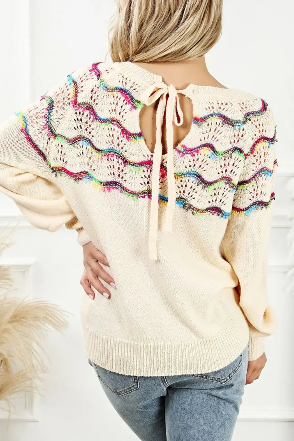 Openwork Wavy Striped Round Neck Sweater - Trendsi - Flyclothing LLC
