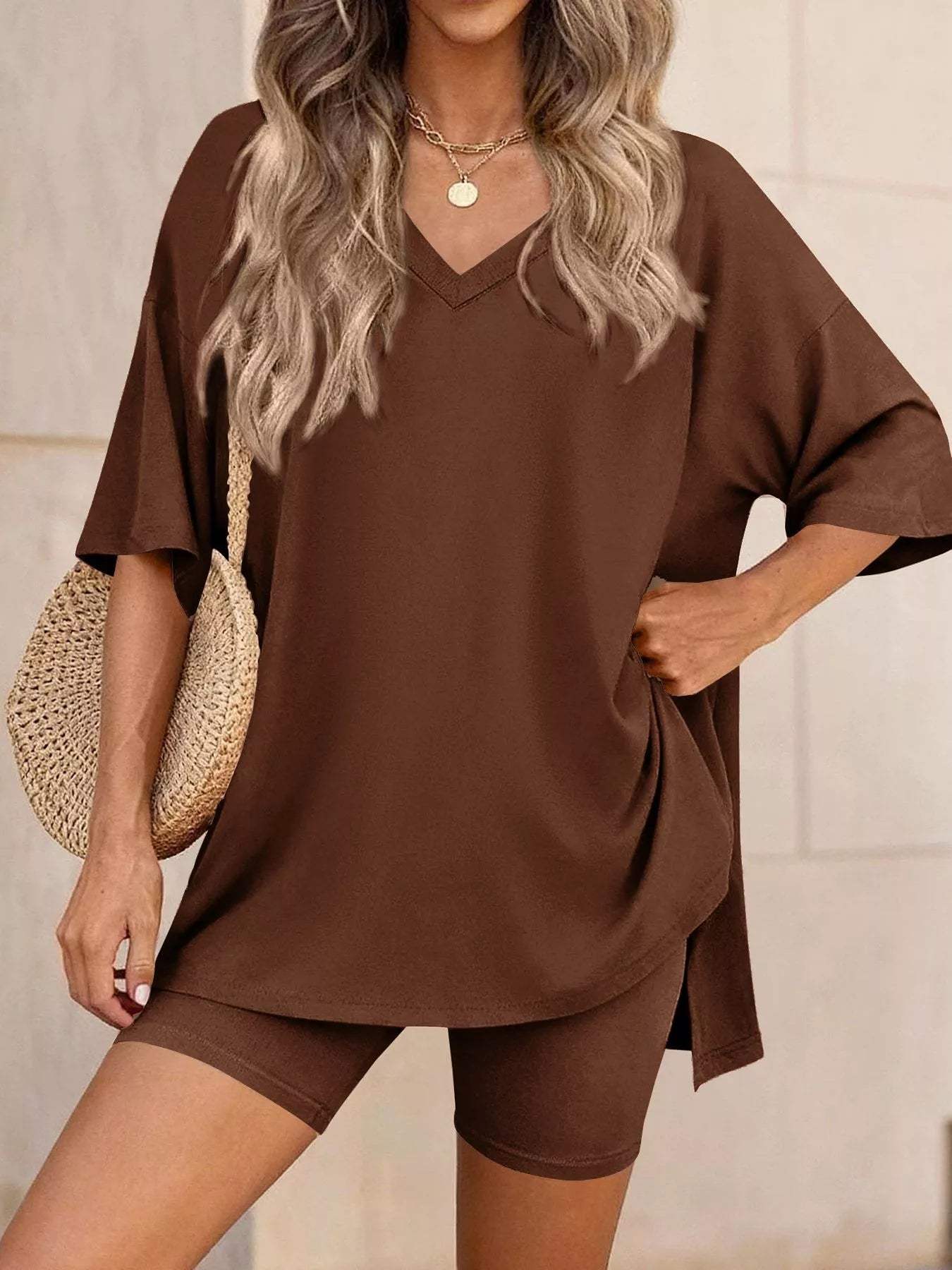 Full Size Casual Loose V-Neck T-Shirt & Shorts Set Plus Size - Trendsi - Flyclothing LLC