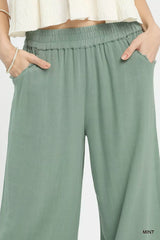 Umgee Linen Wide Leg Cropped Pants with Lace Trim - Trendsi - Flyclothing LLC