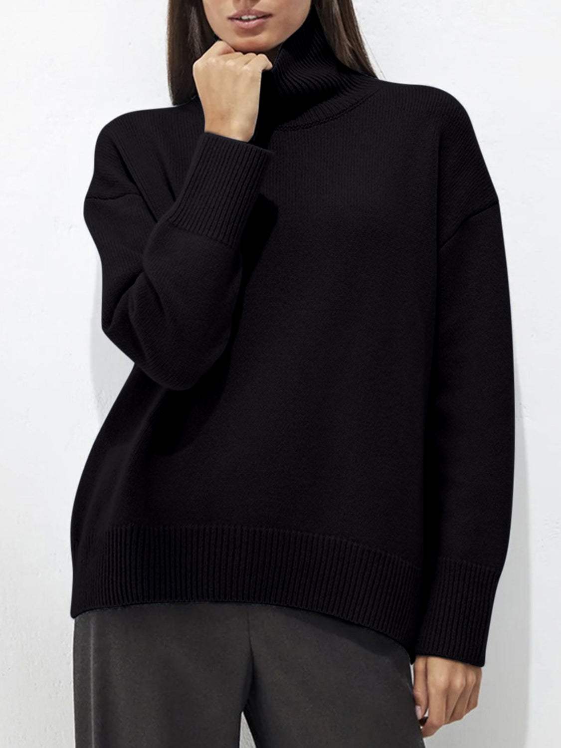 Ribbed Detail Turtleneck Dropped Shoulder Sweater - Trendsi - Flyclothing LLC