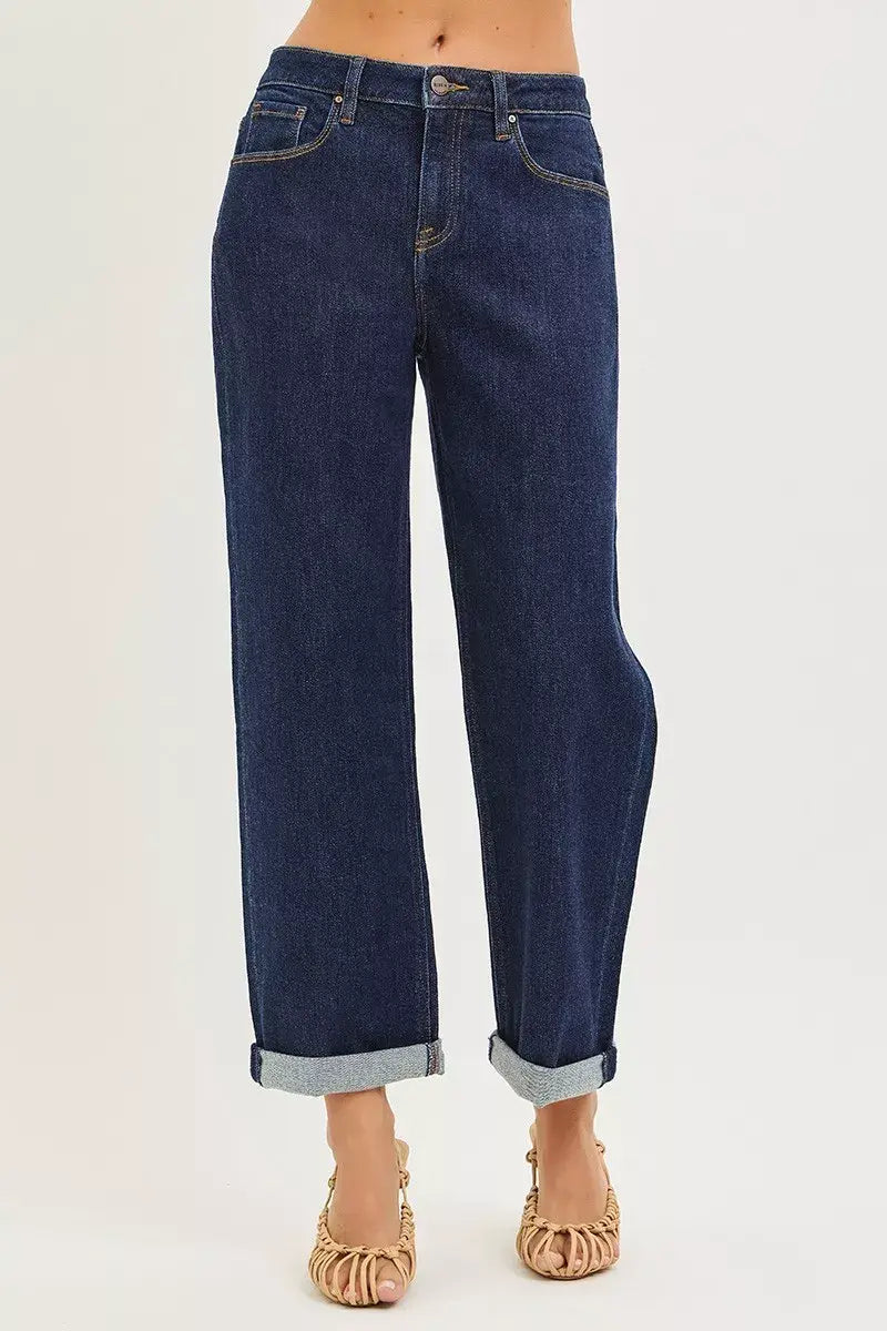 RISEN Slouchy Cropped Boyfriend Jeans With Cuffed Hem - Trendsi - Flyclothing LLC
