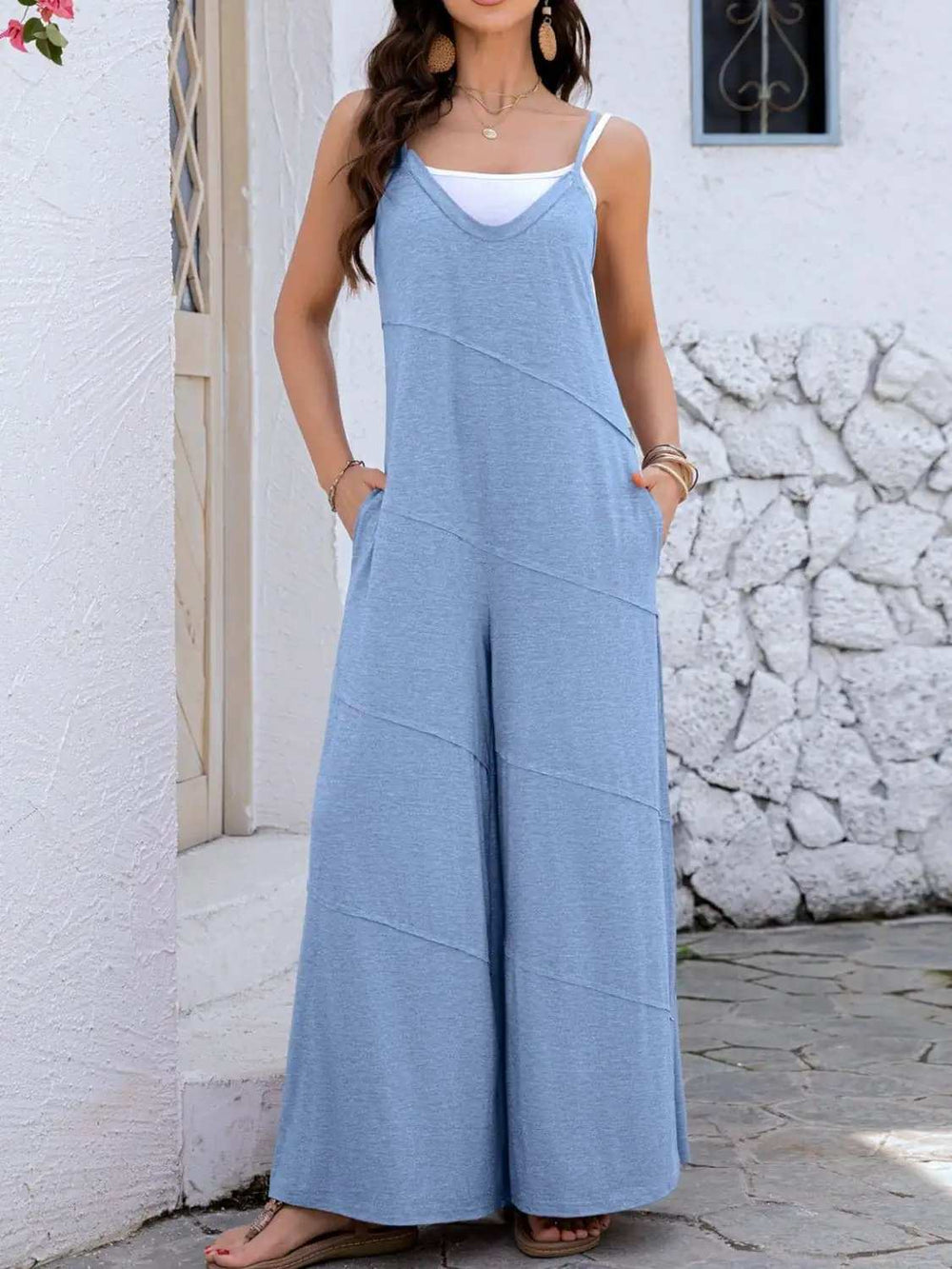 V-Neck Spaghetti Strap Wide Leg Jumpsuit - Trendsi - Flyclothing LLC