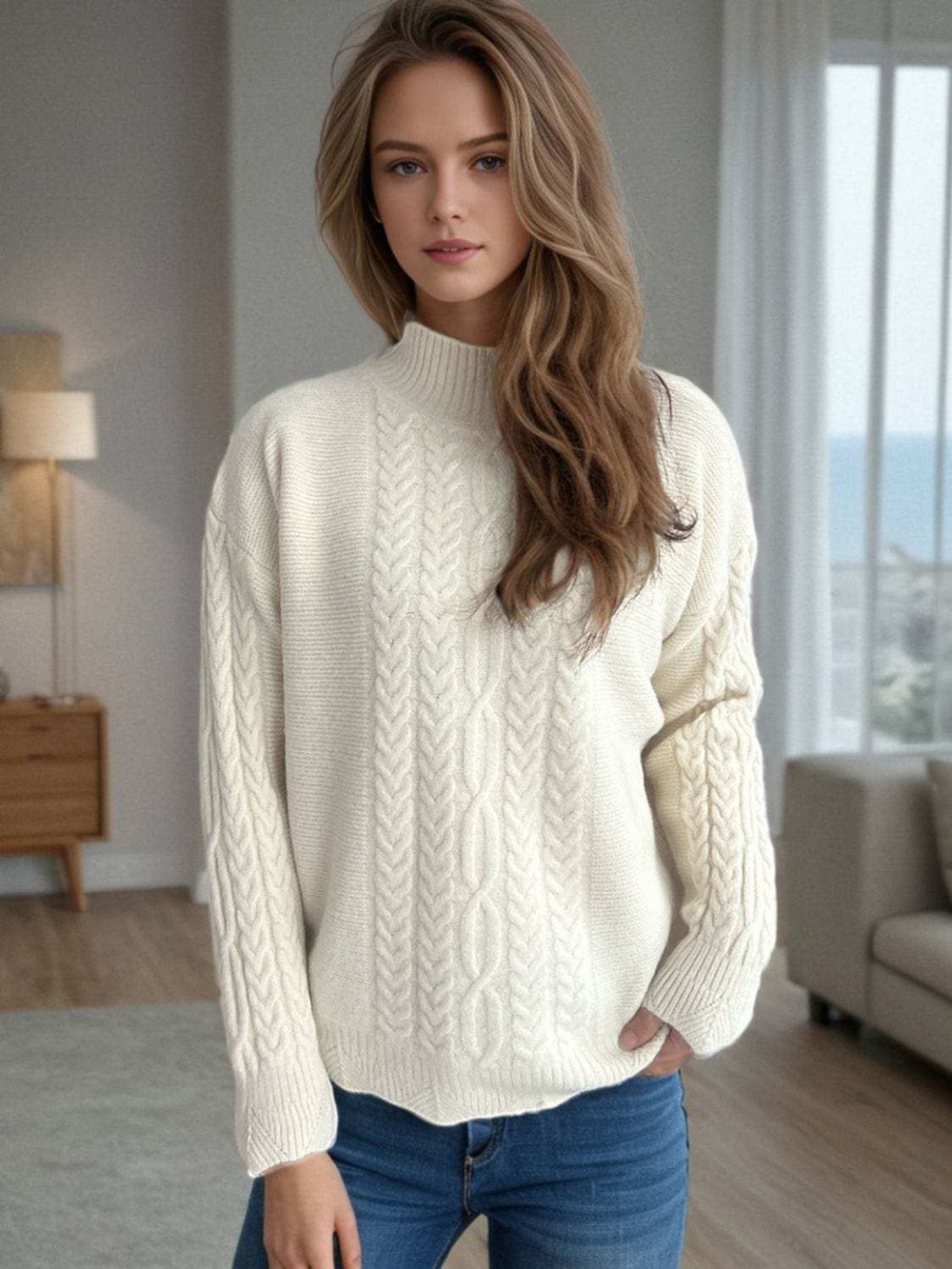 Cable-Knit Mock Neck Dropped Shoulder Sweater - Trendsi - Flyclothing LLC