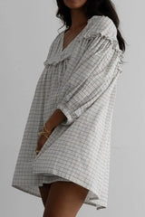 Frill Plaid Notched Balloon Sleeve Mini Dress - Trendsi - Flyclothing LLC