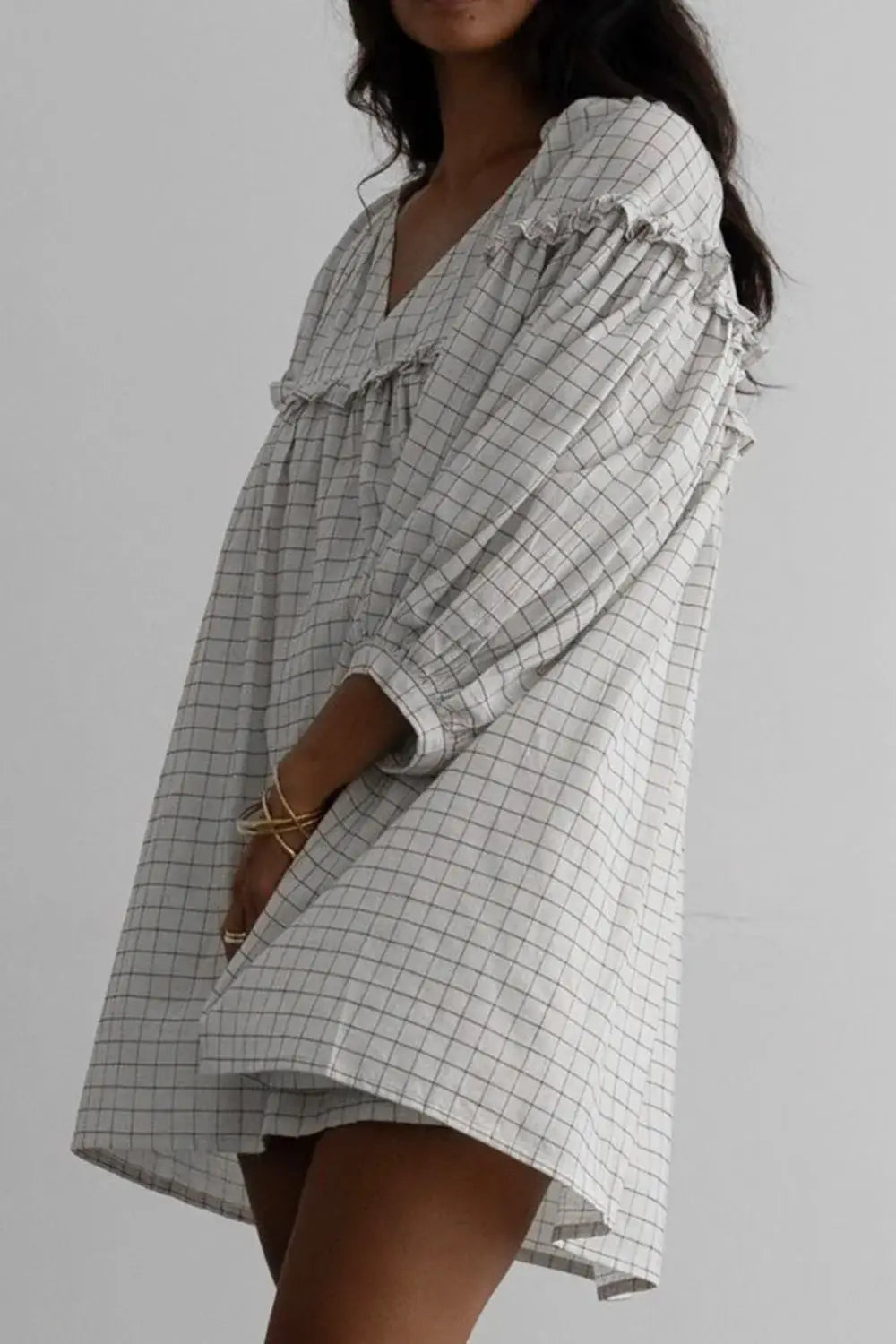 Frill Plaid Notched Balloon Sleeve Mini Dress - Trendsi - Flyclothing LLC
