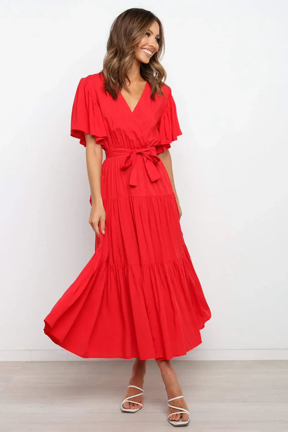 Front Tie Short Sleeve Tiered Midi Dress - Trendsi - Flyclothing LLC