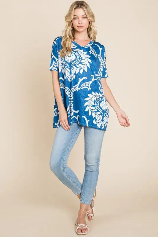 BOMBOM Printed Relaxed V-Neck Tunic Top - Trendsi - Flyclothing LLC