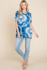 BOMBOM Printed Relaxed V-Neck Tunic Top - Trendsi - Flyclothing LLC