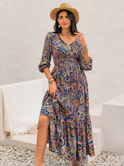 Printed Tie Neck Long Sleeve Midi Dress - Trendsi