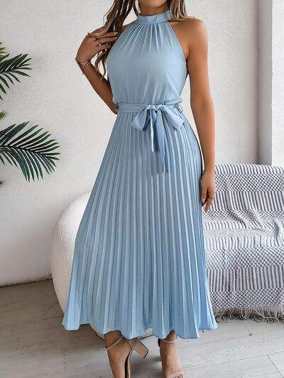 Grecian Neck Tie Waist Pleated Dress - Trendsi - Flyclothing LLC
