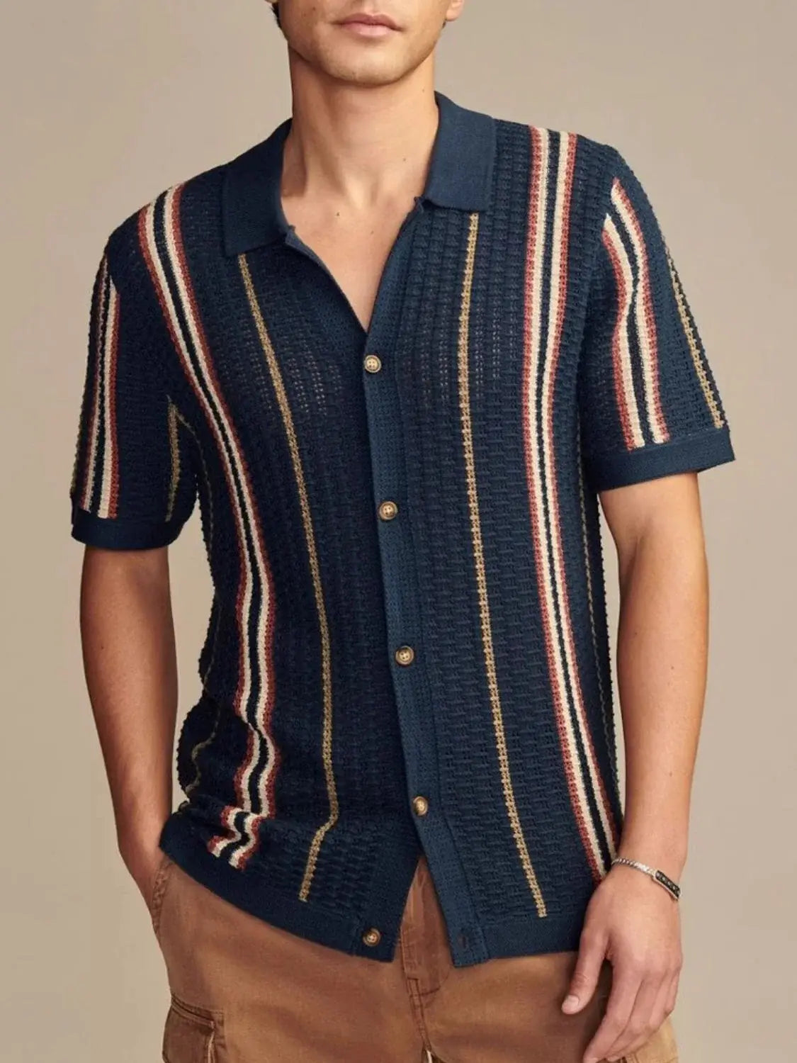 Men's Plus Size Striped Collared Neck Short Sleeve Shirt - Trendsi - Flyclothing LLC