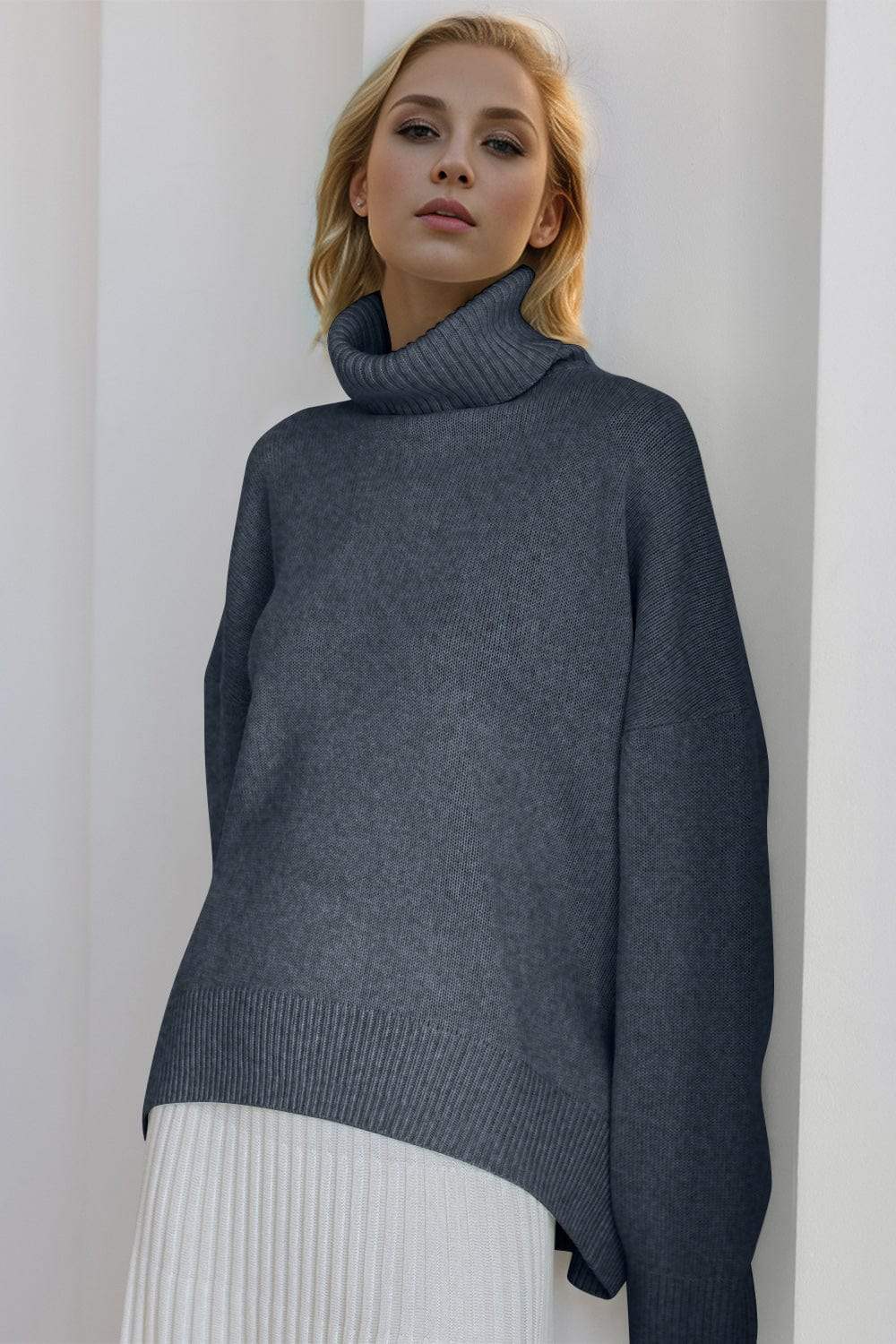 Basic Bae Turtleneck Dropped Shoulder Long Sleeve Sweater - Trendsi - Flyclothing LLC