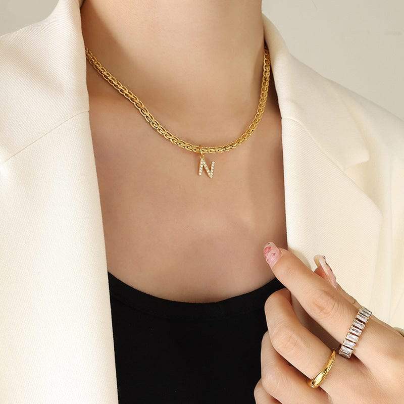 Brass Inlaid Zircon Letter Pendant Necklace - Trendsi - Flyclothing LLC