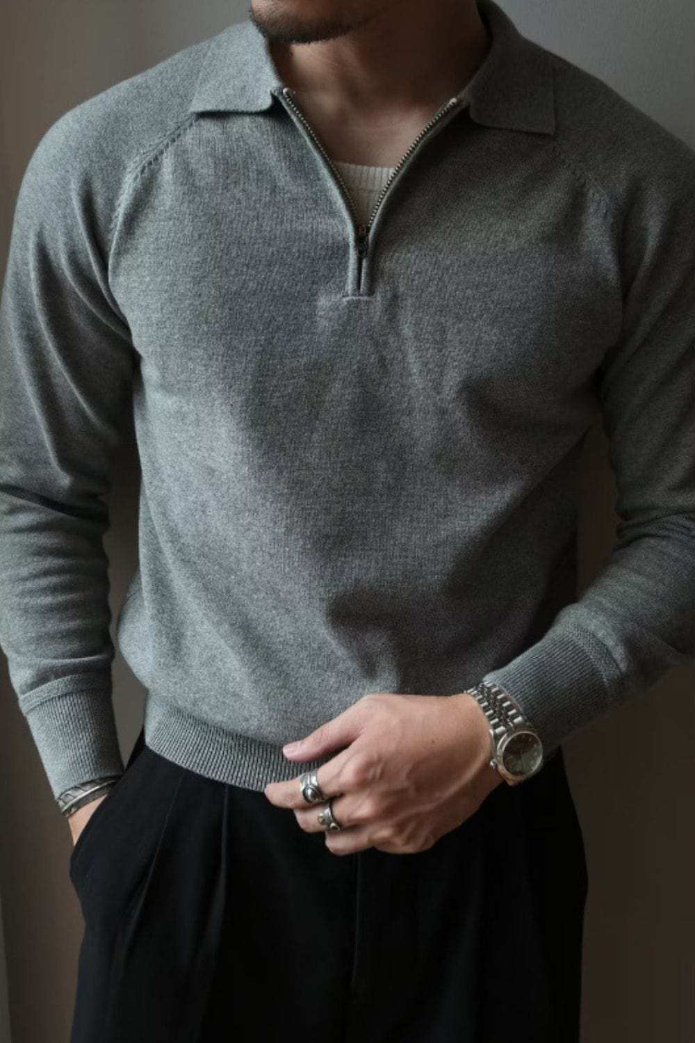Men's Plus Size Quarter Zip Raglan Sleeve Polo - Trendsi - Flyclothing LLC