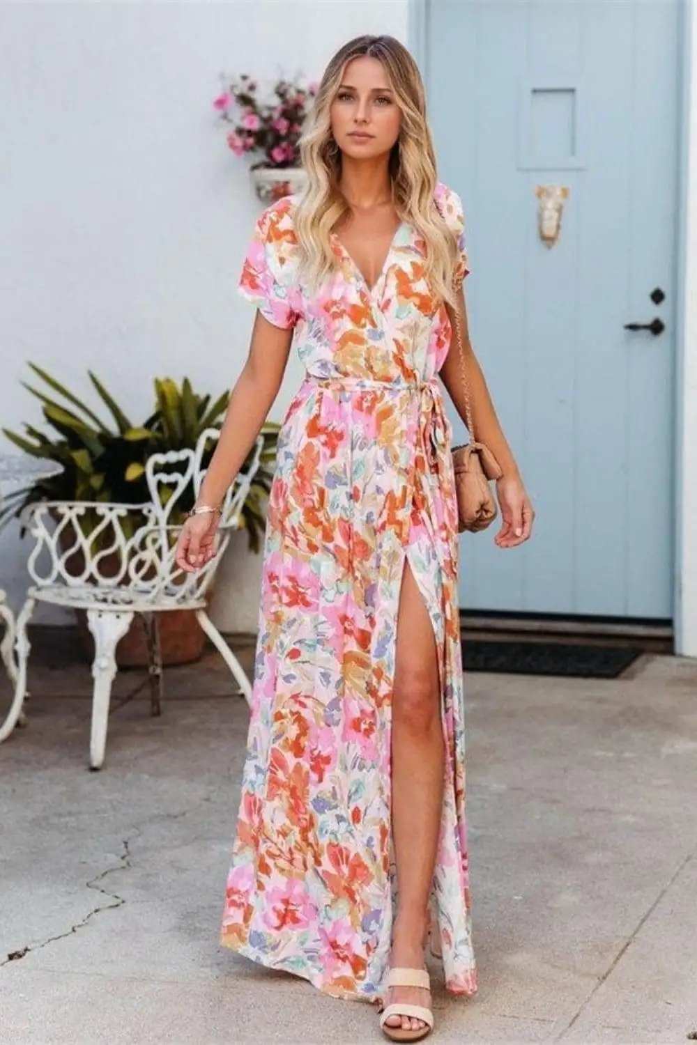 Printed Surplice Short Sleeve Tie Waist Maxi Dress - Trendsi - Flyclothing LLC