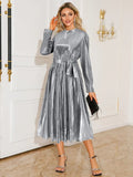 Tie Waist Long Sleeve Midi Dress - Trendsi