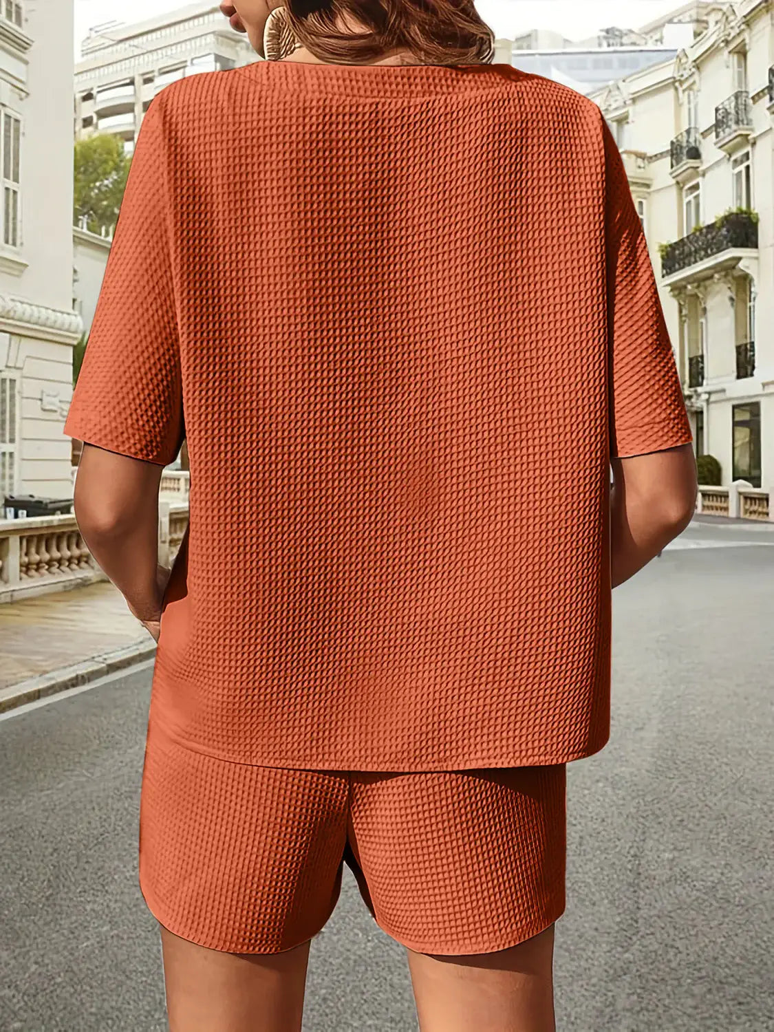 Waffle-Knit Half Sleeve Top and Shorts Set - Trendsi - Flyclothing LLC