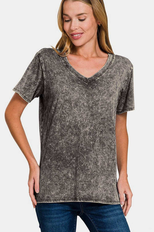 Zenana Full Size Washed Short Sleeve V-Neck T-Shirt - Trendsi - Flyclothing LLC