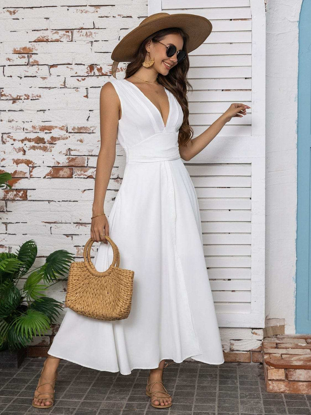 Full Size Slit V-Neck Sleeveless Midi Dress - Trendsi - Flyclothing LLC