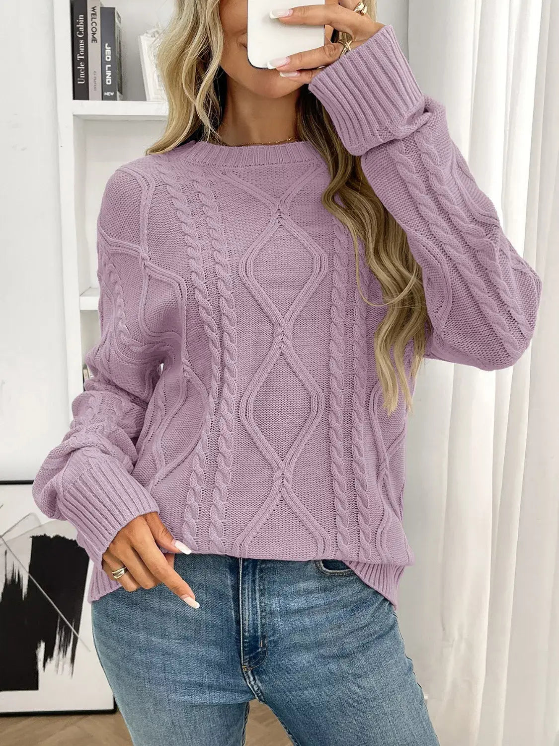 Cable Knit Round Neck Sweater - Trendsi - Flyclothing LLC