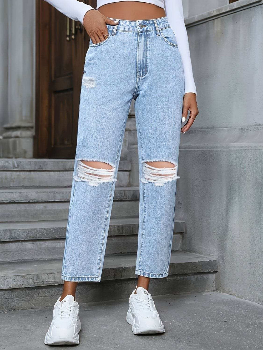 Distressed High Rise Jeans with Pockets - Trendsi - Flyclothing LLC