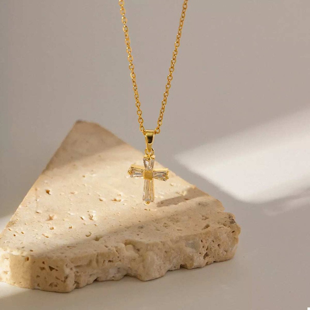 18K Gold-Plated Stainless Steel Zircon Cross Necklace - Trendsi - Flyclothing LLC