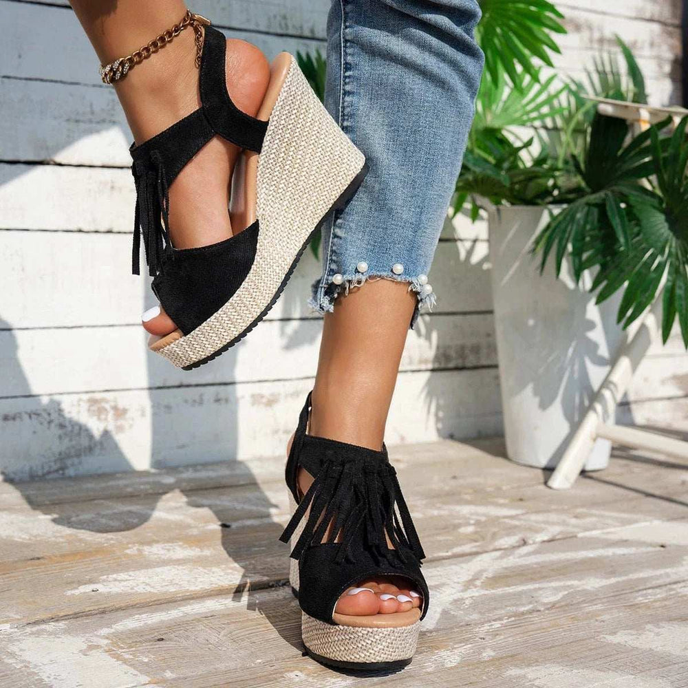 Fringe Peep Toe Wedge Sandals - Trendsi - Flyclothing LLC