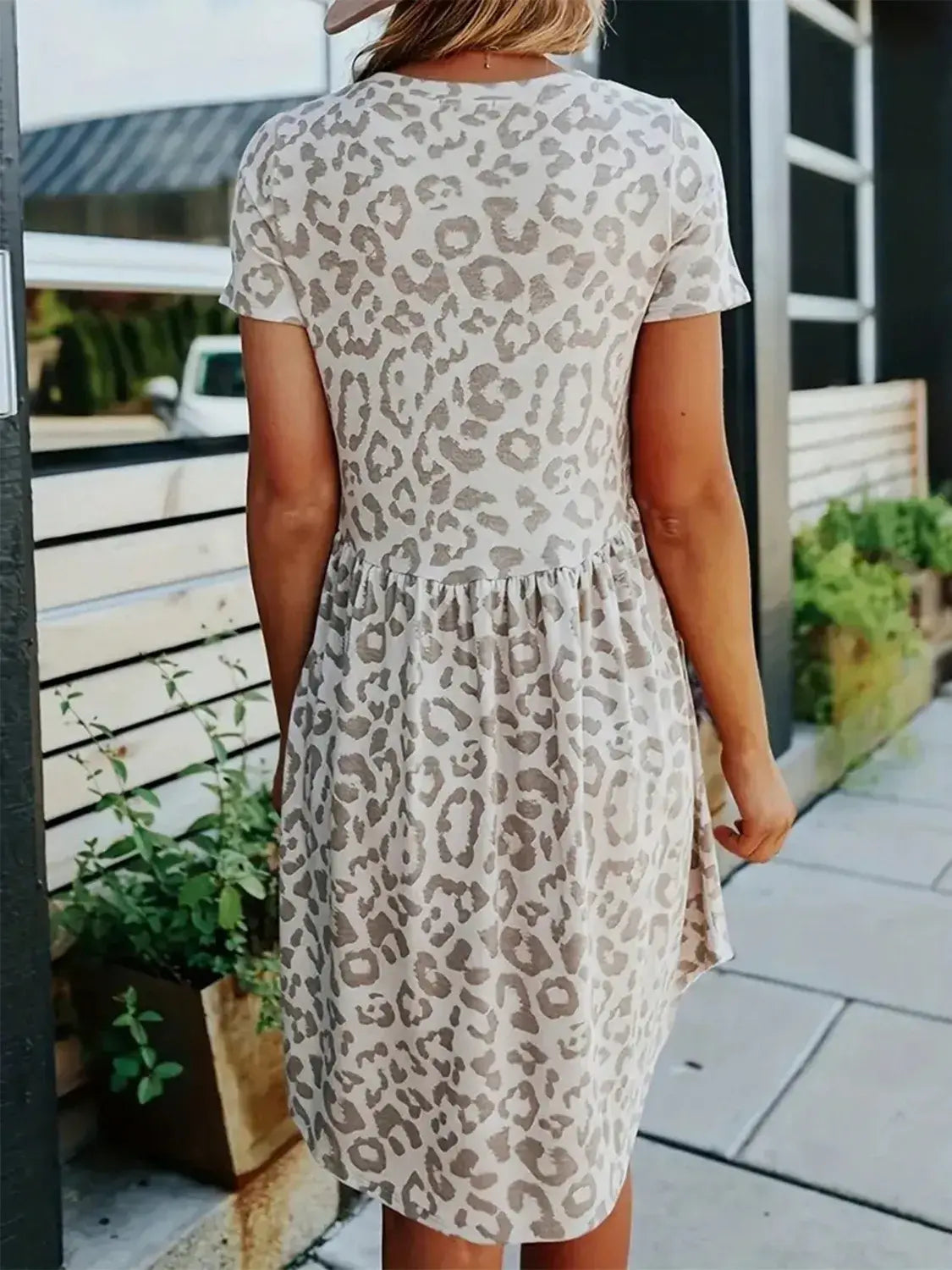 Leopard Round Neck Short Sleeve Mini Tee Dress - Trendsi - Flyclothing LLC