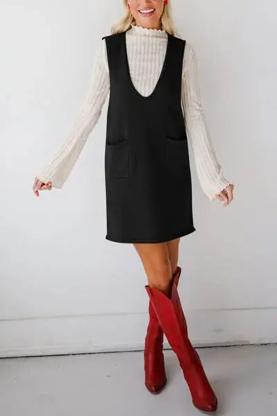 Lovelet Pocketed V-Neck Mini Sweater Overall Dress - Trendsi - Flyclothing LLC