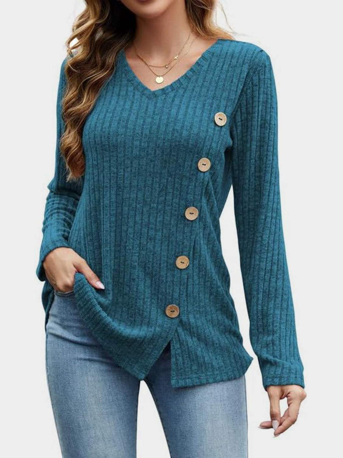 V-Neck Long Sleeve T-Shirt - Trendsi - Flyclothing LLC