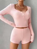Scoop Neck Long Sleeve Top and Shorts Set - Trendsi - Flyclothing LLC