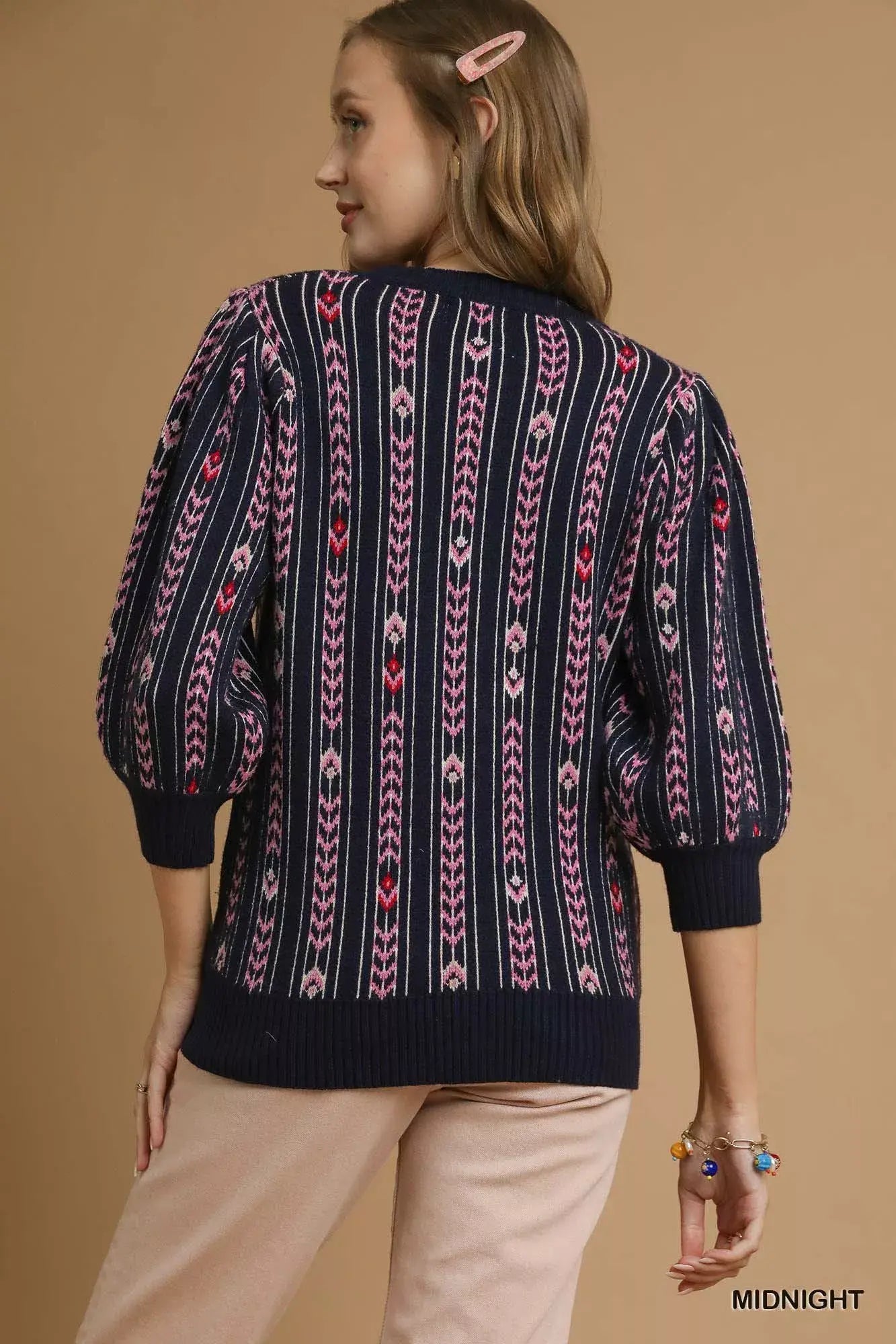 Umgee Jacquard Knit Puff Sleeve Sweater - Trendsi - Flyclothing LLC
