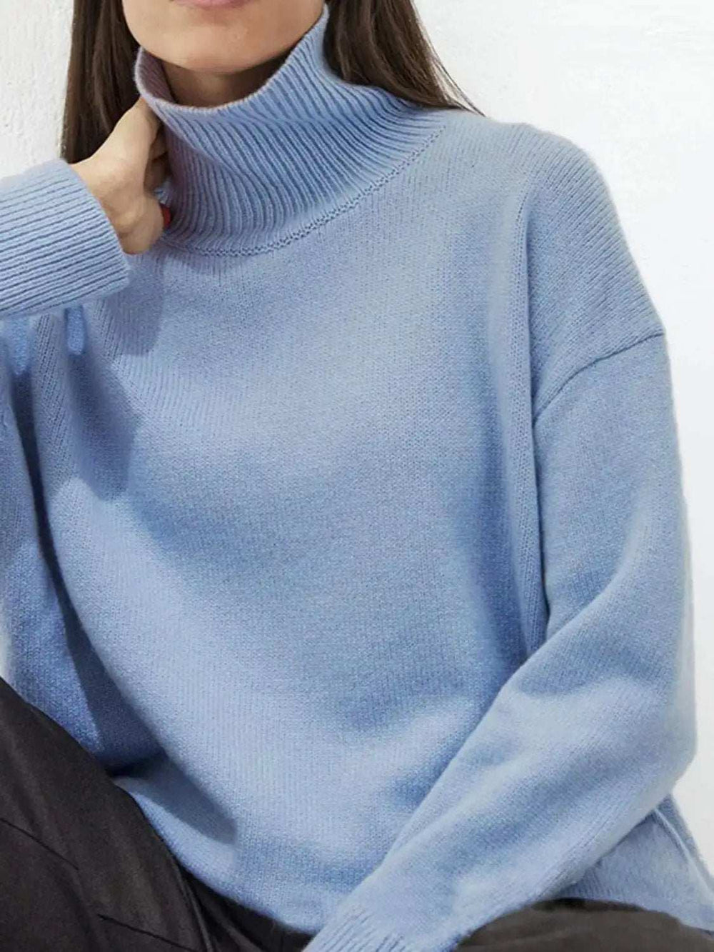 Ribbed Detail Turtleneck Dropped Shoulder Sweater - Trendsi - Flyclothing LLC