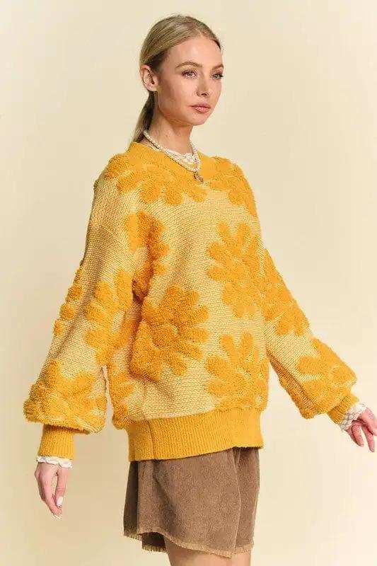 Davi & Dani Flower Texture Round Neck Dropped Shoulder Sweater - Trendsi - Flyclothing LLC