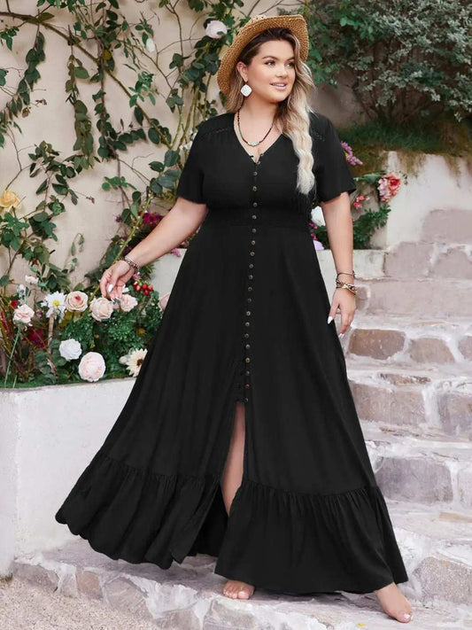 Plus Size Ruffled Hem Button Down V-Neck Short Sleeve Maxi Dress - Trendsi - Flyclothing LLC