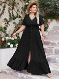 Plus Size Ruffled Hem Button Down V-Neck Short Sleeve Maxi Dress - Trendsi