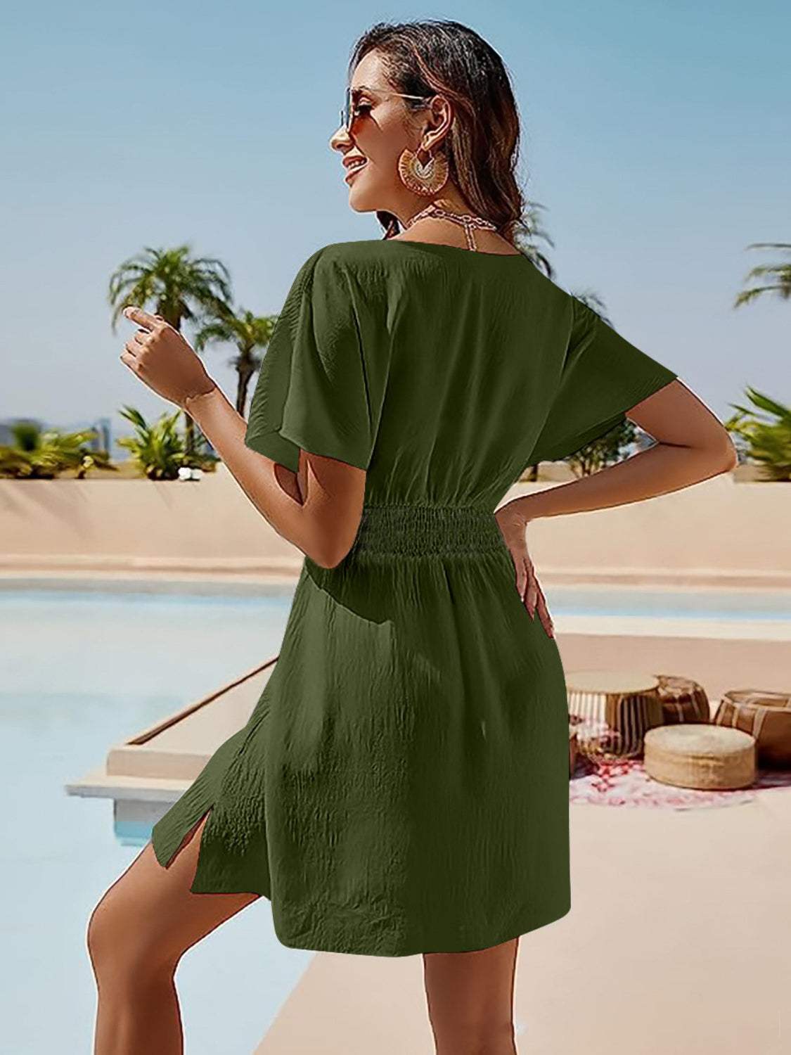 Smocked V-Neck Short Sleeve Dress - Trendsi - Flyclothing LLC