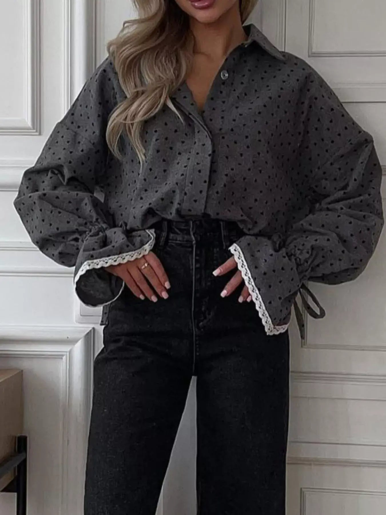 Heart Print Button Up Flounce Sleeve Shirt - Trendsi - Flyclothing LLC
