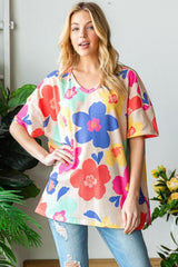 HOPELY Full Size Floral V-Neck Side Slit T-Shirt - Trendsi