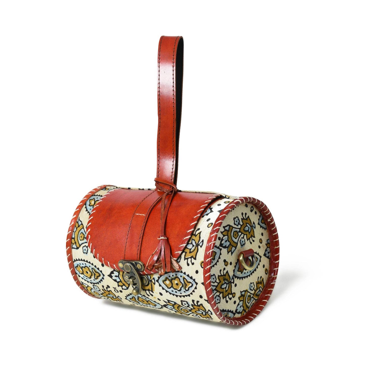 Cylindrical Block Printed Leather Bag - Classy Leather Bags - Flyclothing LLC