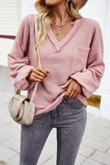 Devine Waffle-Knit V-Neck Long Sleeve Top - Trendsi - Flyclothing LLC
