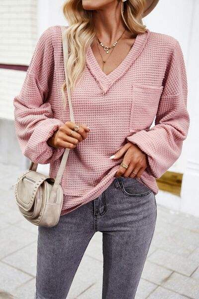 Devine Waffle-Knit V-Neck Long Sleeve Top - Trendsi - Flyclothing LLC
