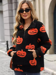Jack-O'-Lantern Half Zip Long Sleeve Sweatshirt - Trendsi