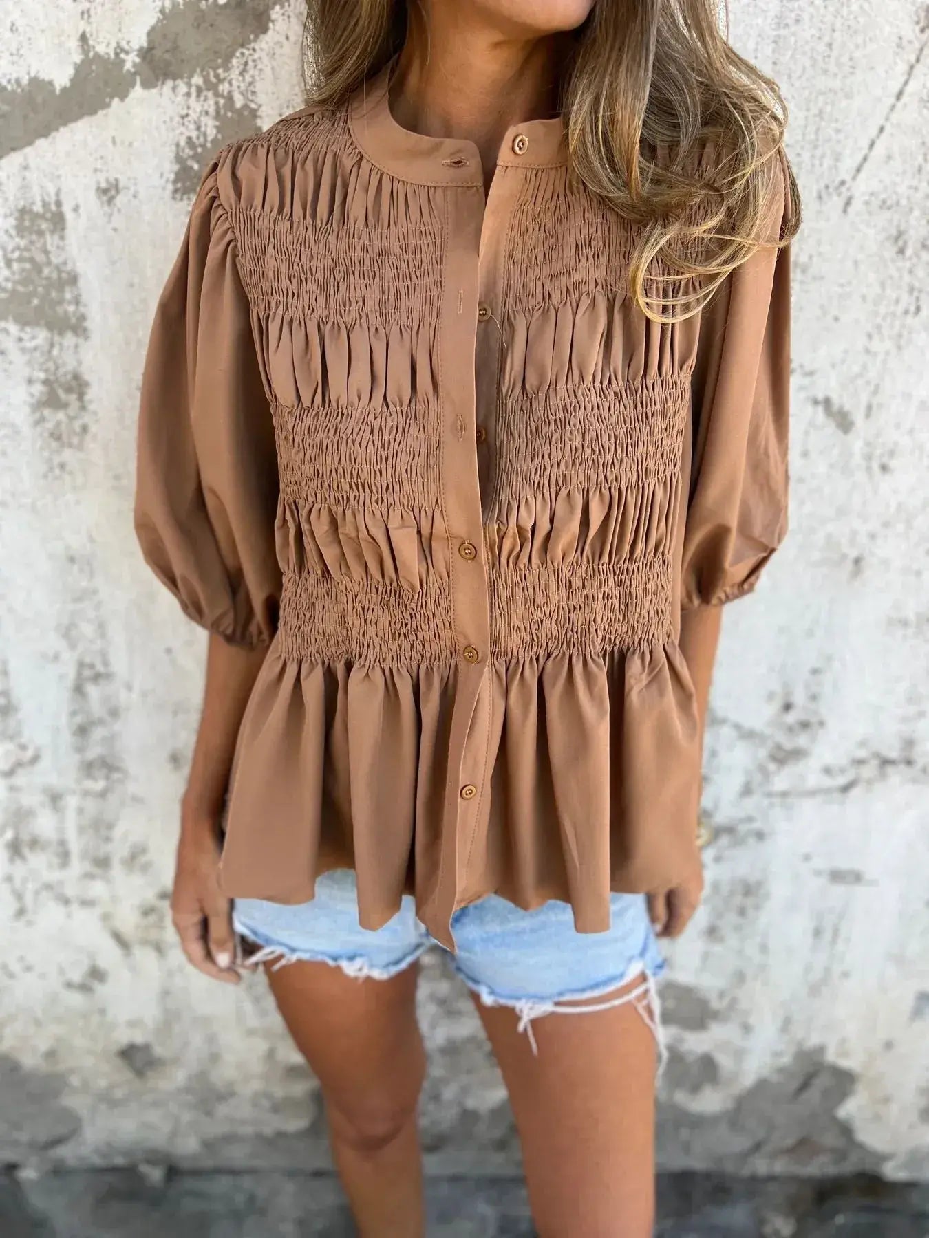 Full Size Smocked Puff Sleeve Blouse Plus Size - Trendsi - Flyclothing LLC