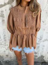 Full Size Smocked Puff Sleeve Blouse Plus Size - Trendsi - Flyclothing LLC