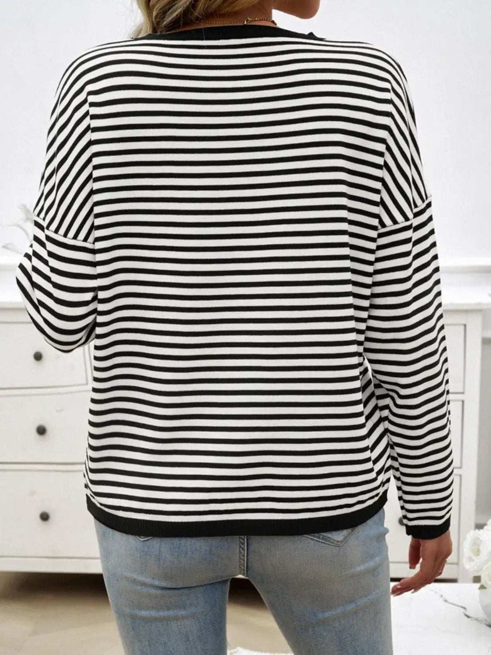 Striped Round Neck Dropped Shoulder Sweater - Trendsi - Flyclothing LLC