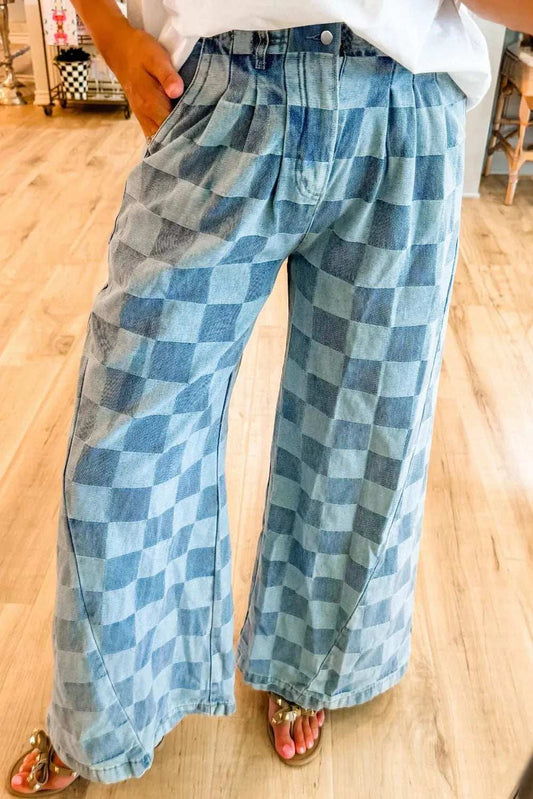 Checkered Wide Leg Jeans with Pockets - Trendsi - Flyclothing LLC