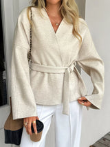 Surplice Dropped Shoulder Tie Belt Outerwear - Trendsi - Flyclothing LLC
