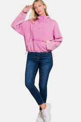 Zenana Acid Wash Fleece Half Snap Sweatshirt with Pocket - Trendsi - Flyclothing LLC