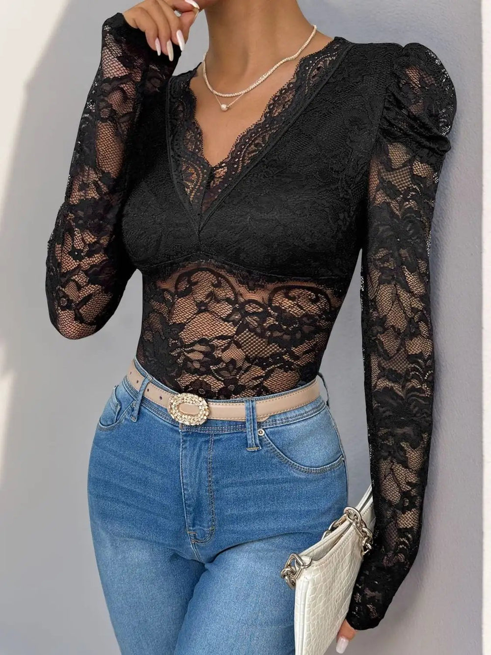 Perfee Lace V-Neck Long Sleeve Bodysuit - Trendsi